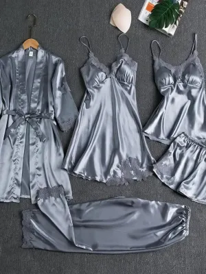 5-Piece Satin Loungewear Set with Lace Accents