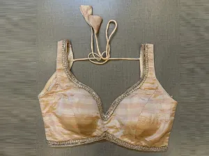 50V447-RO Peach Striped Tissue Sleeveless Blouse with Golden Lace