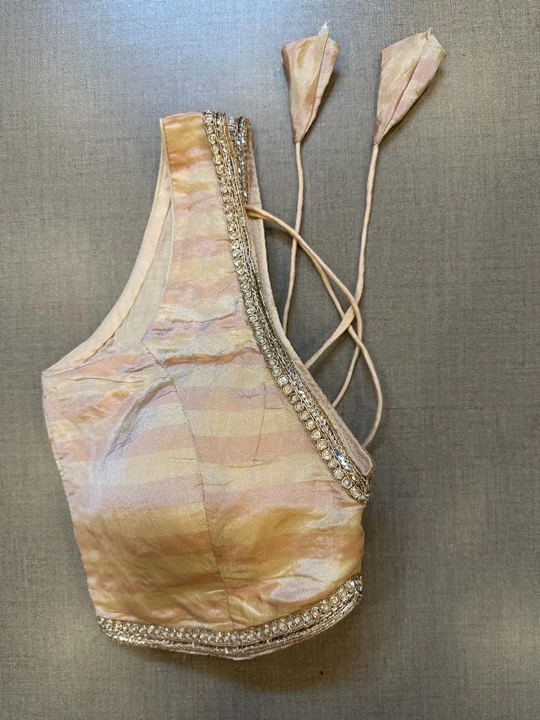 50V447-RO Peach Striped Tissue Sleeveless Blouse with Golden Lace