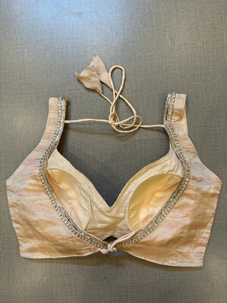 50V447-RO Peach Striped Tissue Sleeveless Blouse with Golden Lace