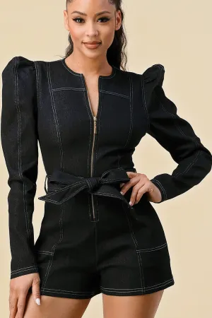 Black Belted Puff Sleeve Romper