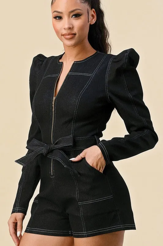 Black Belted Puff Sleeve Romper