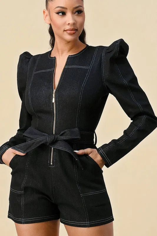 Black Belted Puff Sleeve Romper