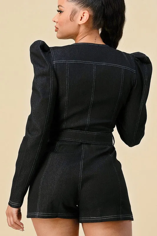 Black Belted Puff Sleeve Romper