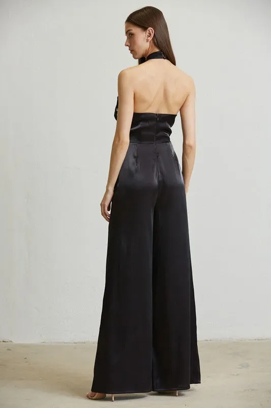Black/Silver Embellsihed Waist Organza Jumpsuit