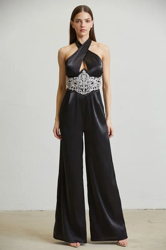 Black/Silver Embellsihed Waist Organza Jumpsuit
