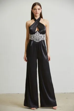 Black/Silver Embellsihed Waist Organza Jumpsuit