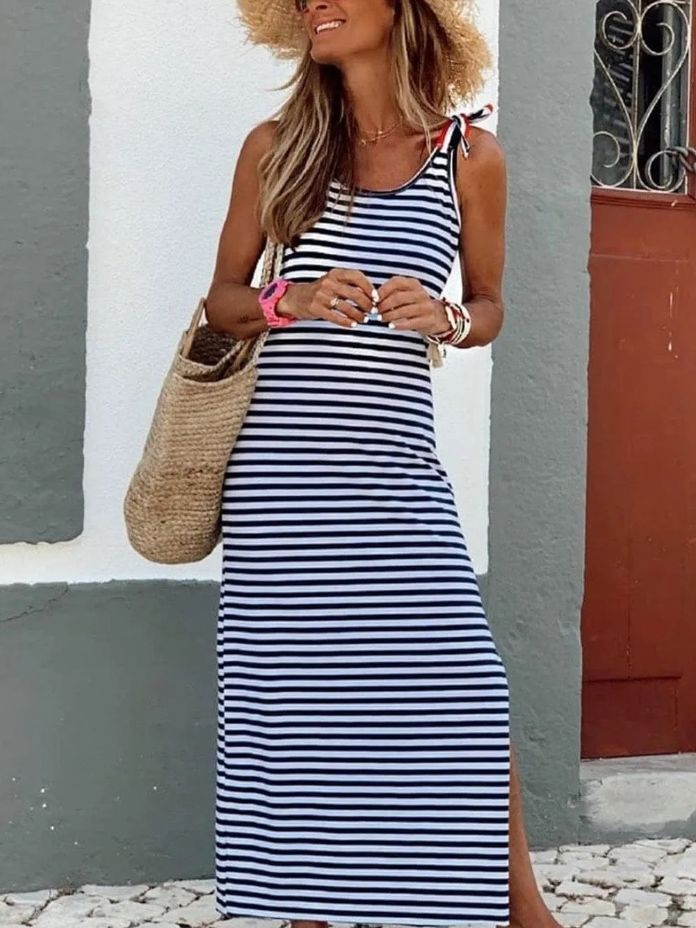 Blue and White Striped Sleeveless Maxi Dress with Slit - Casual Vacation Wear
