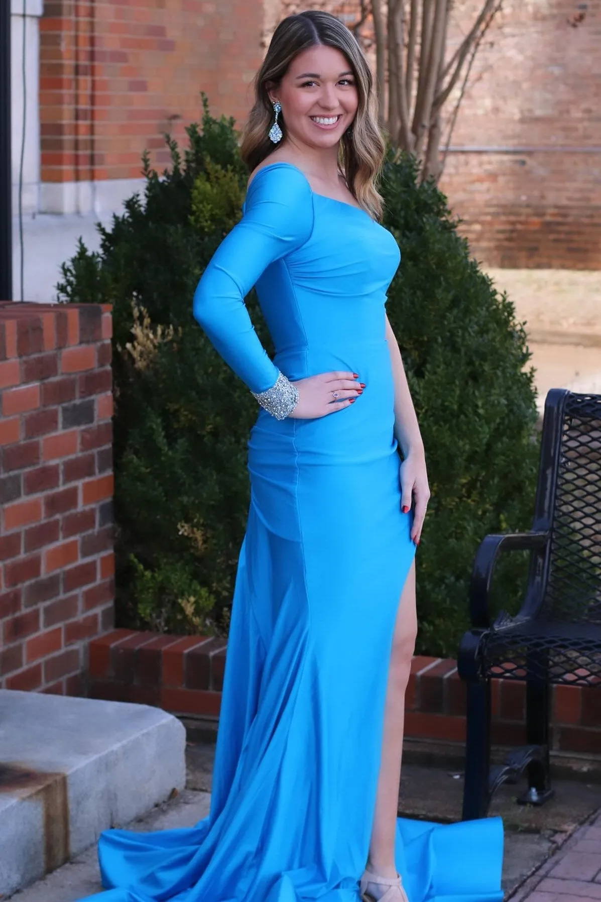 Blue One-Sleeve Mermaid Long Gown with Slit