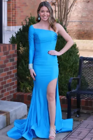 Blue One-Sleeve Mermaid Long Gown with Slit
