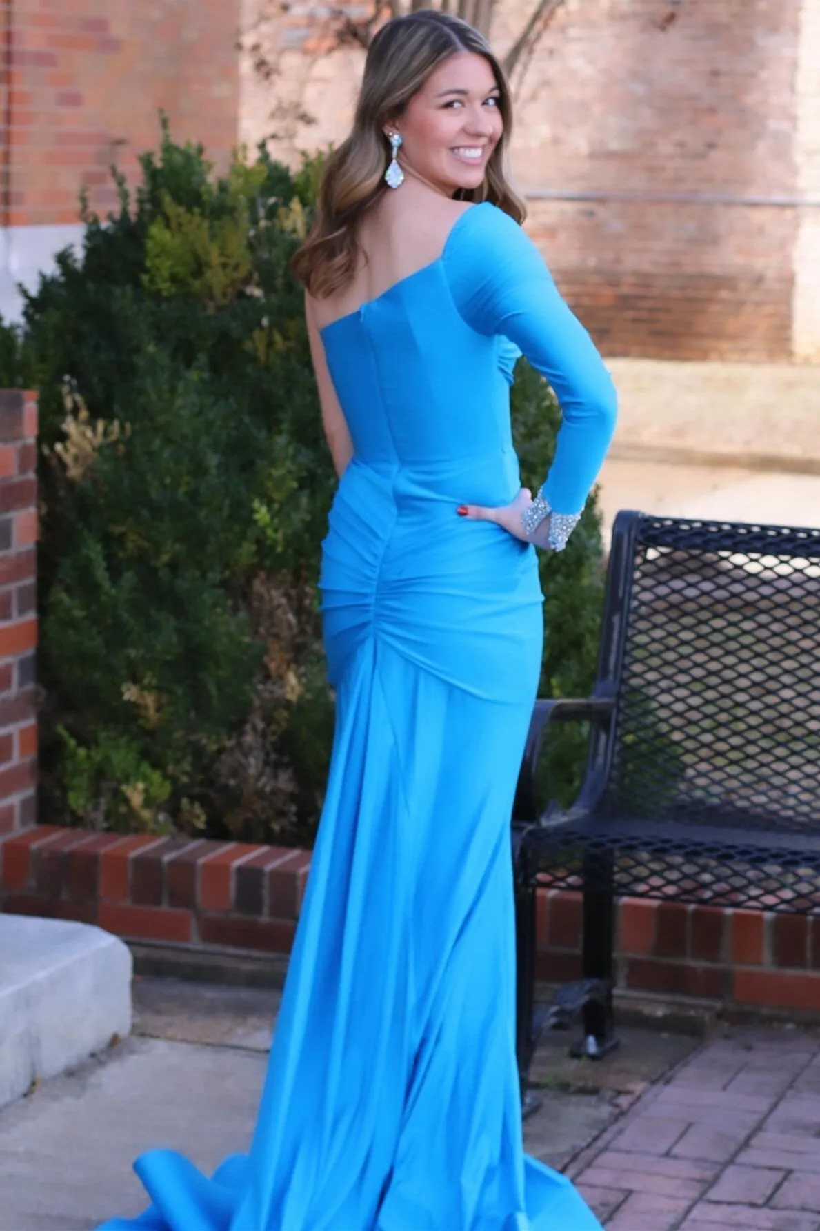 Blue One-Sleeve Mermaid Long Gown with Slit