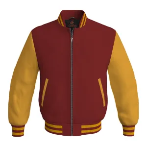 Bomber Jacket Women Maroon Body and Gold Leather Sleeves Bomber Jacket