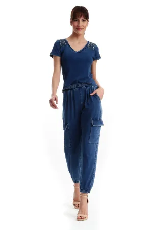 Calça Cargo Jogging em Malha Denim
