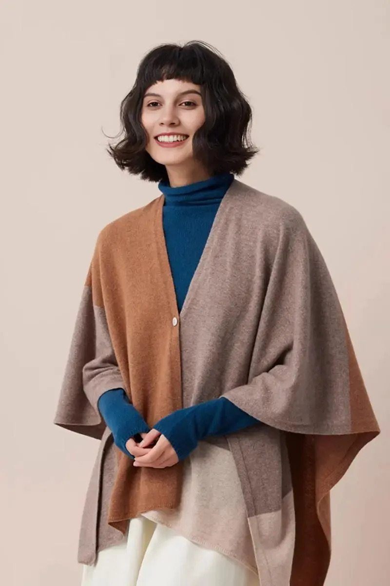 Cashmere Wool Knit Colorblock Poncho Sweater