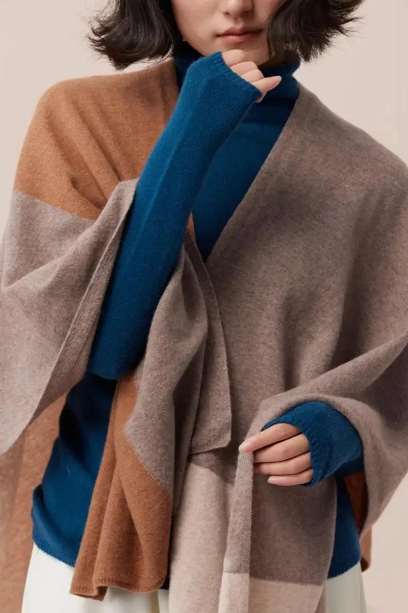 Cashmere Wool Knit Colorblock Poncho Sweater