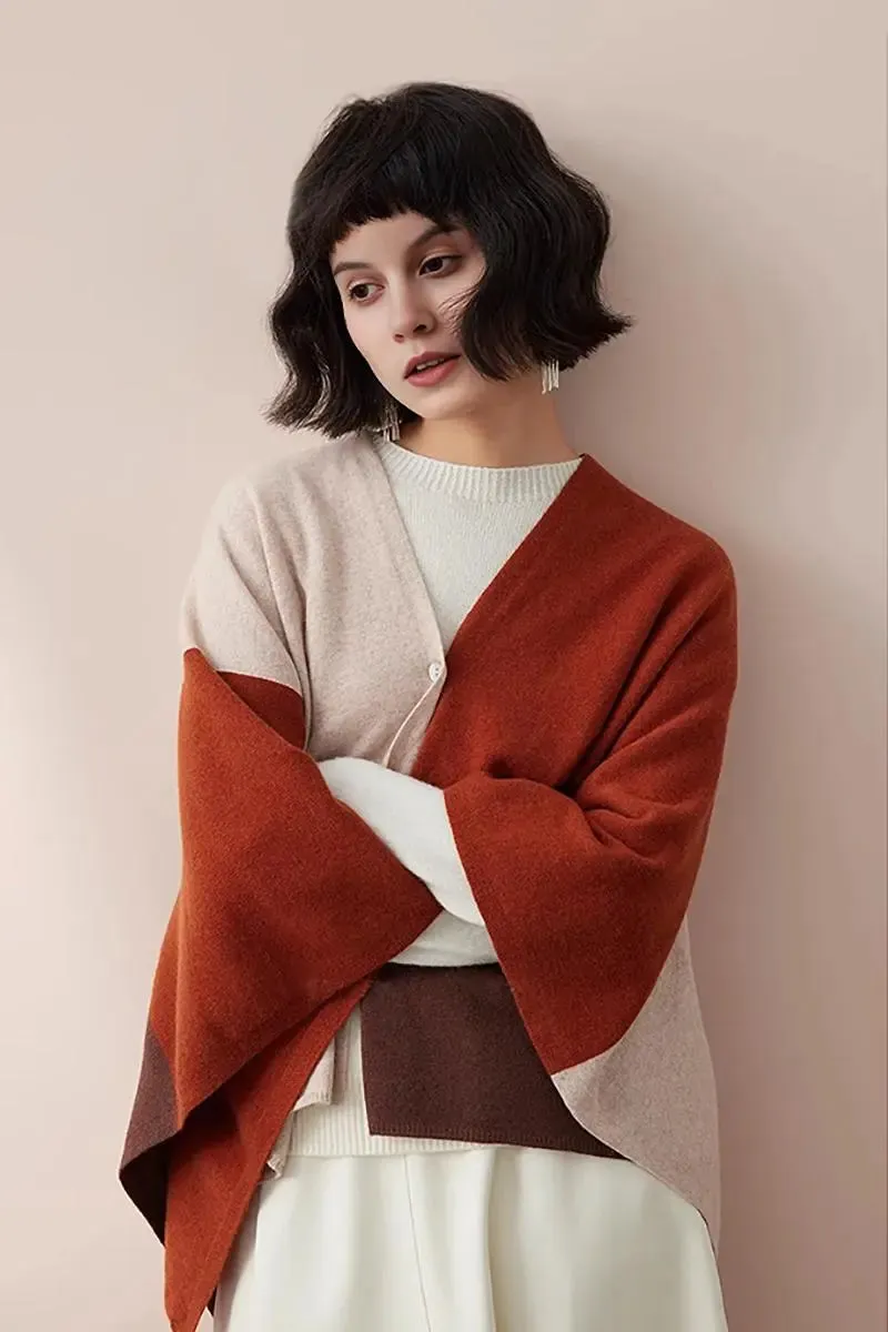 Cashmere Wool Knit Colorblock Poncho Sweater