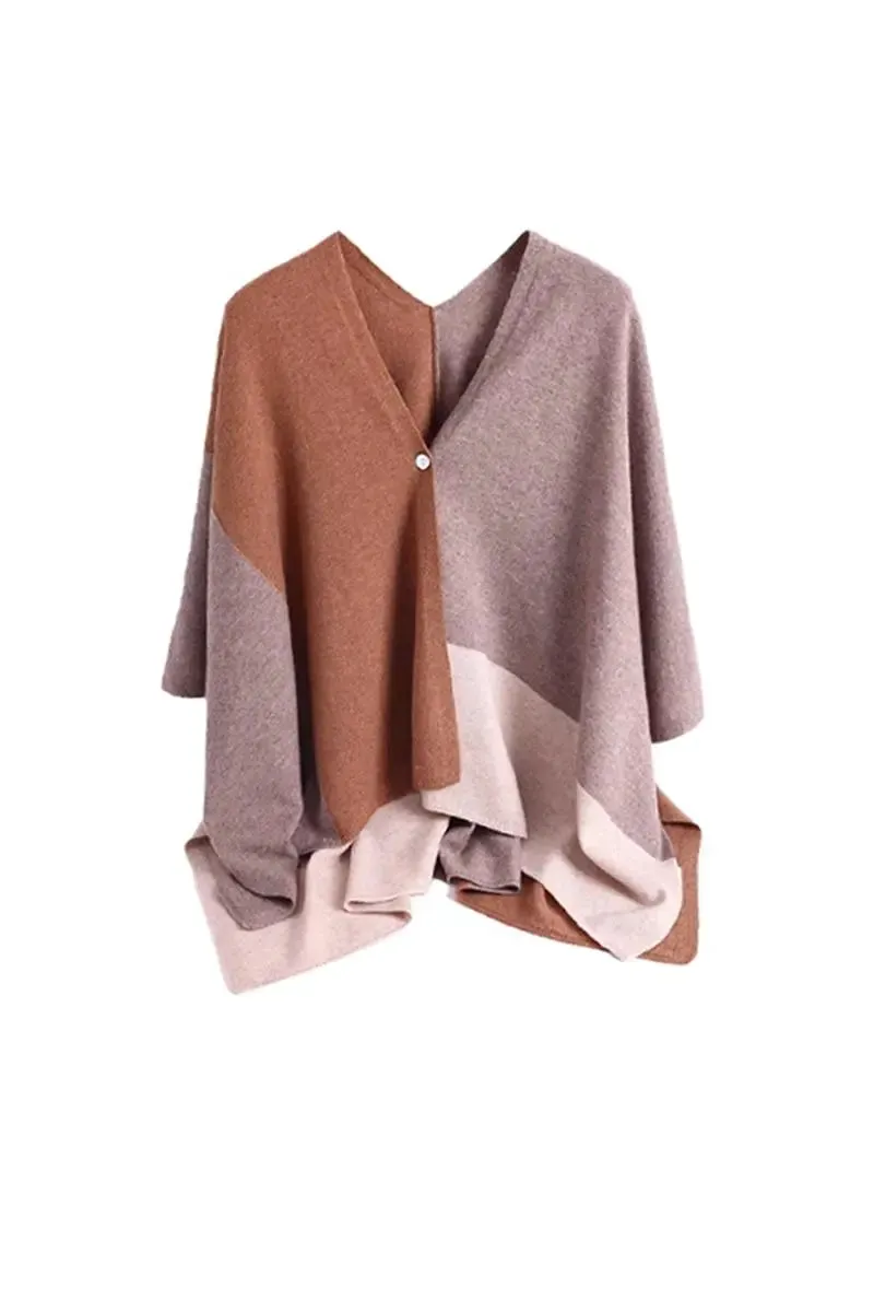 Cashmere Wool Knit Colorblock Poncho Sweater