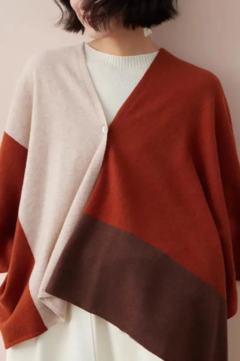 Cashmere Wool Knit Colorblock Poncho Sweater