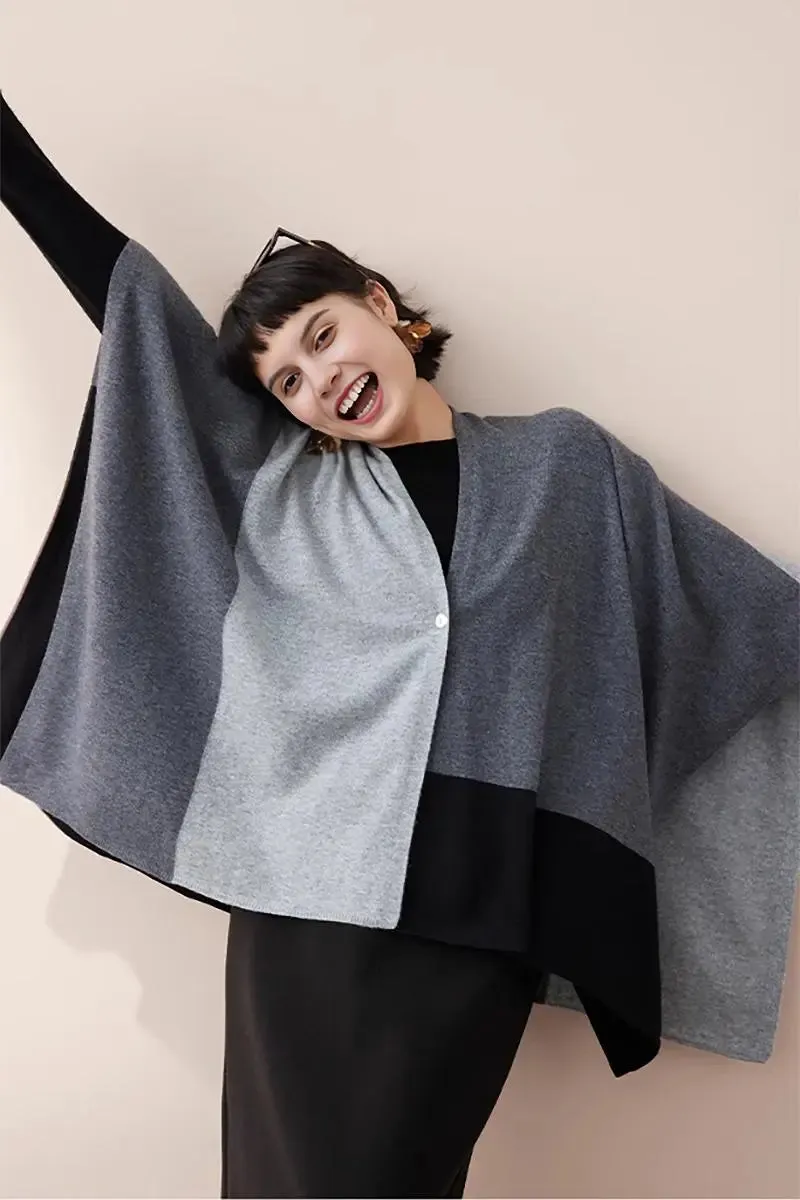 Cashmere Wool Knit Colorblock Poncho Sweater