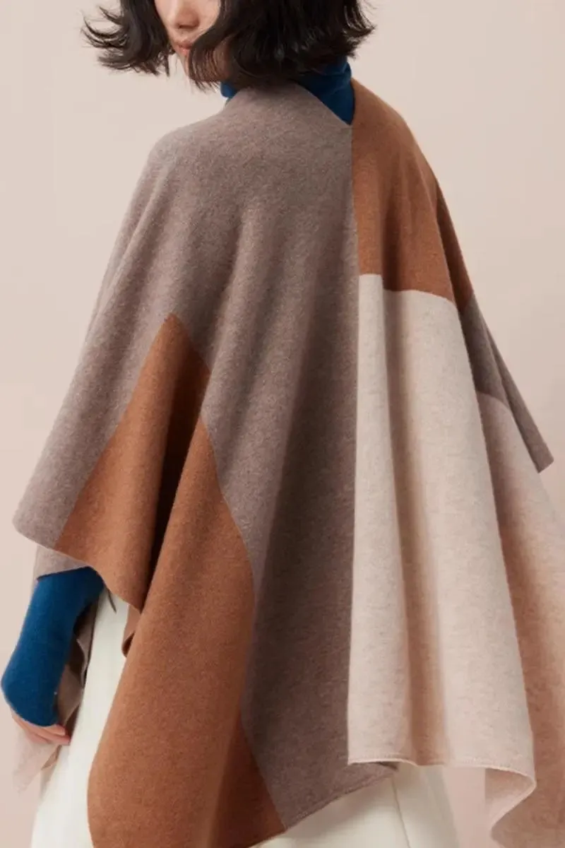 Cashmere Wool Knit Colorblock Poncho Sweater