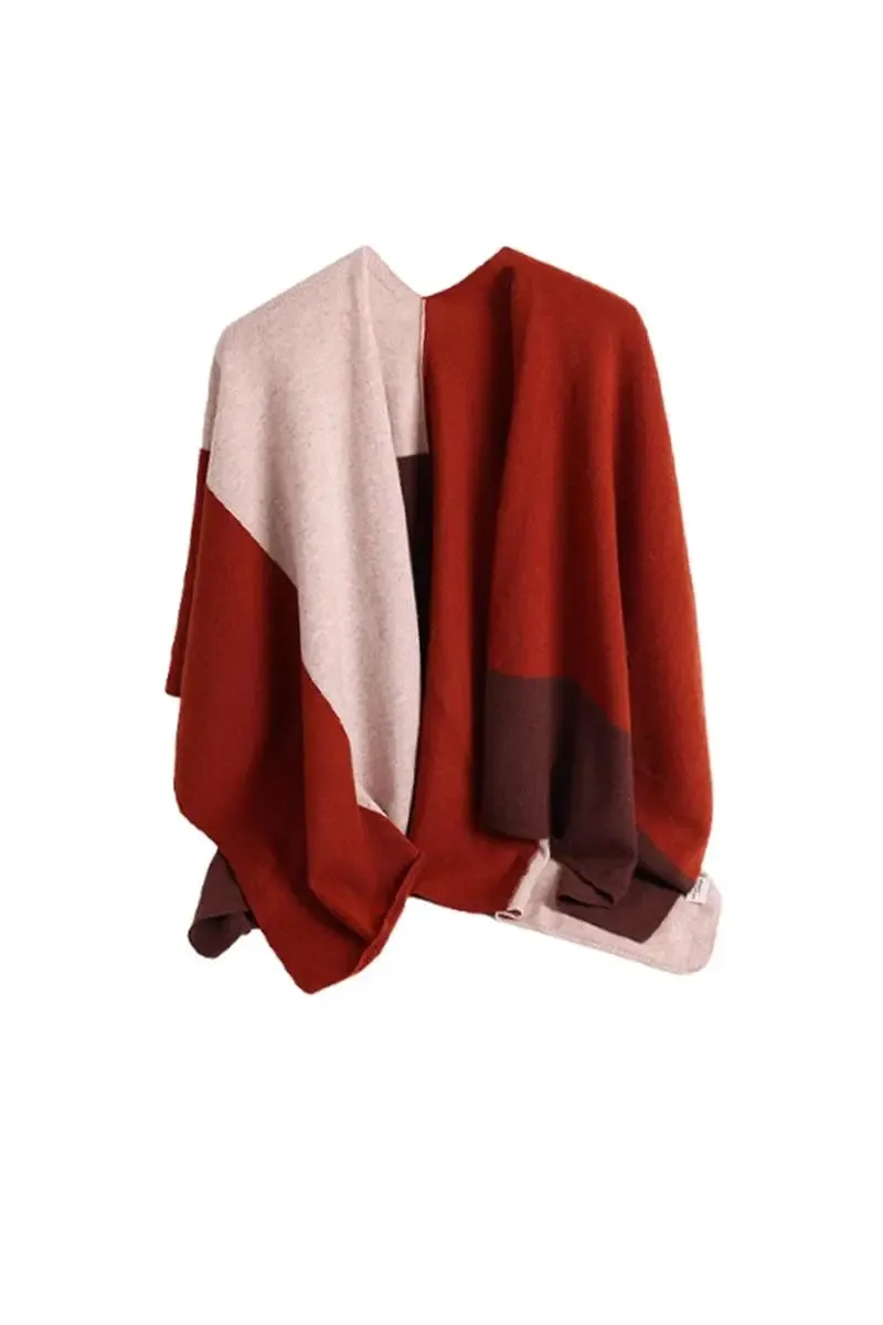 Cashmere Wool Knit Colorblock Poncho Sweater