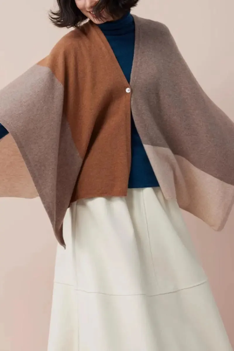 Cashmere Wool Knit Colorblock Poncho Sweater
