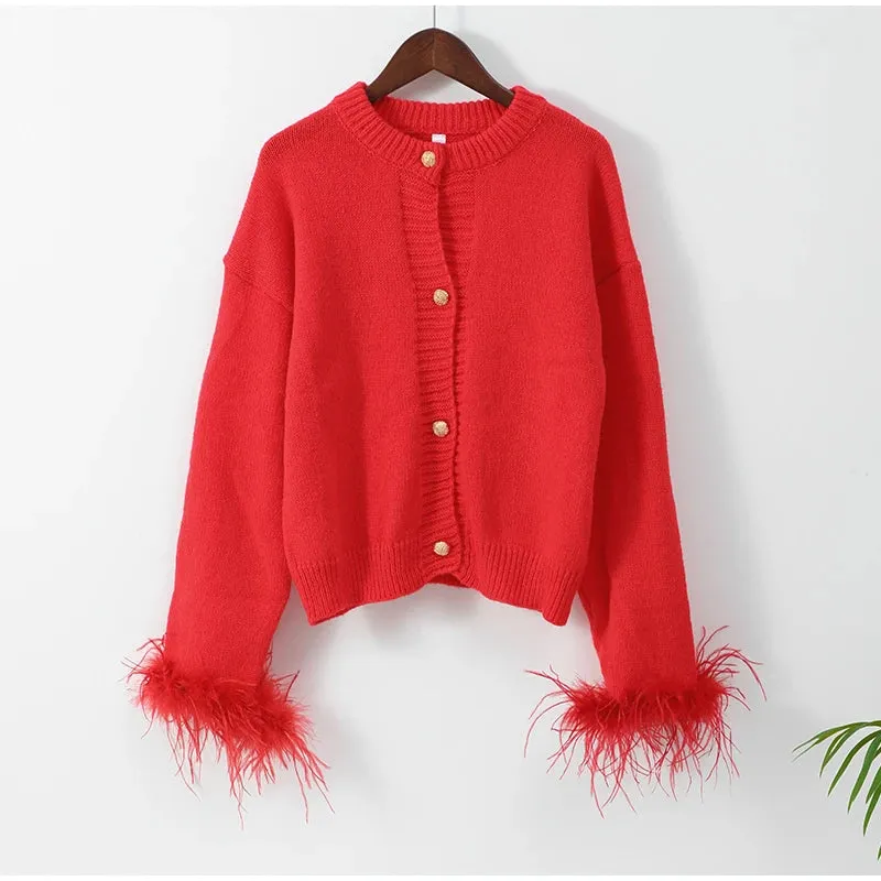 Chic Feather sleeves buttons red knit warm cardigan