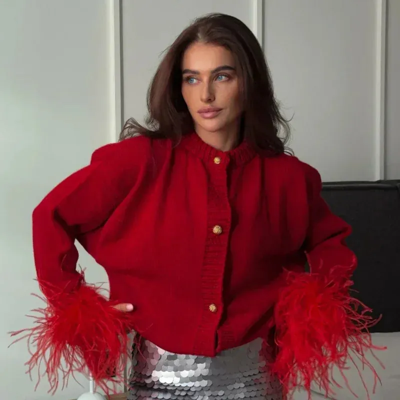 Chic Feather sleeves buttons red knit warm cardigan