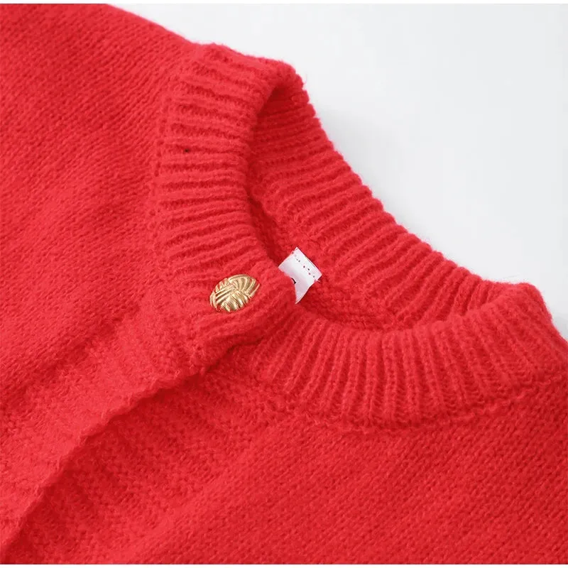 Chic Feather sleeves buttons red knit warm cardigan