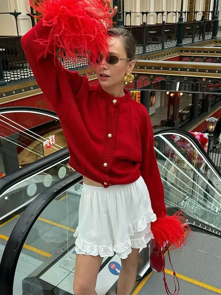 Chic Feather sleeves buttons red knit warm cardigan