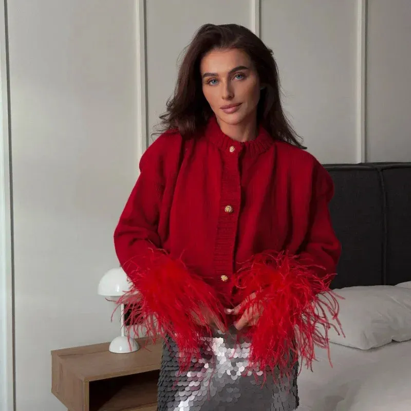 Chic Feather sleeves buttons red knit warm cardigan
