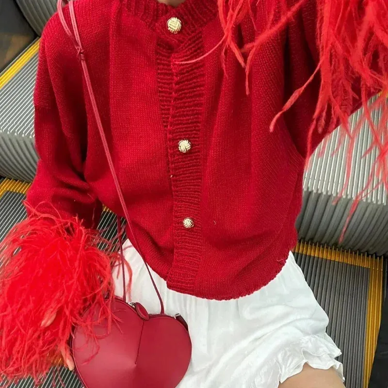 Chic Feather sleeves buttons red knit warm cardigan