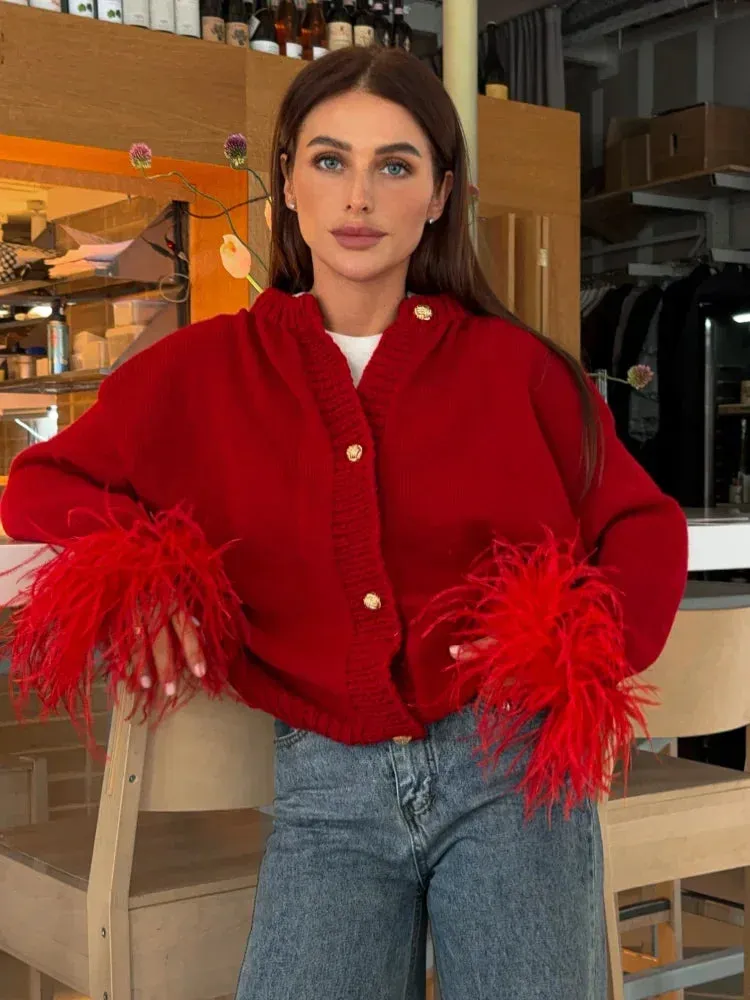 Chic Feather sleeves buttons red knit warm cardigan