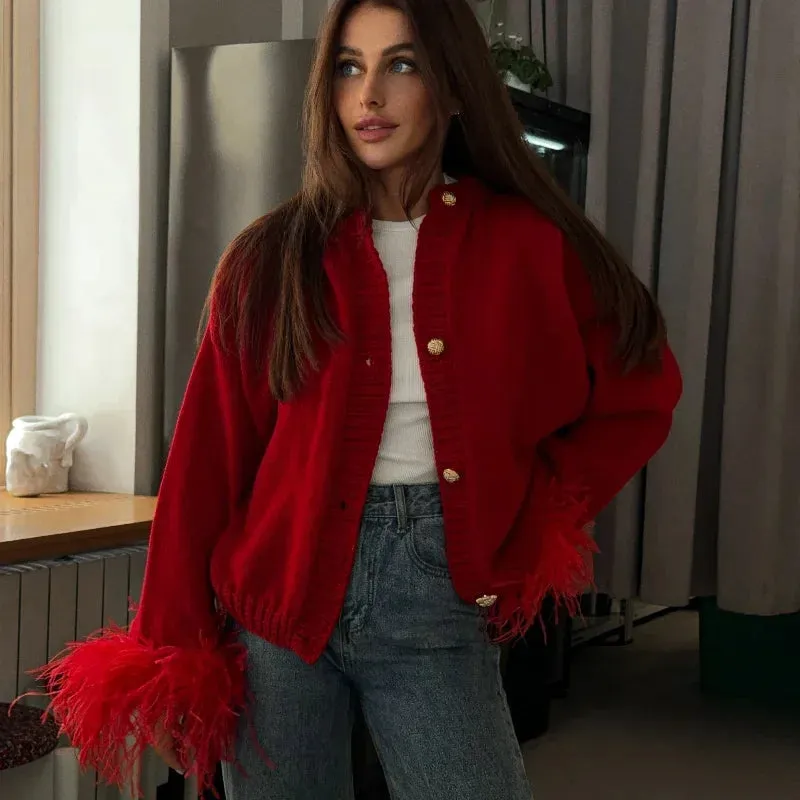 Chic Feather sleeves buttons red knit warm cardigan