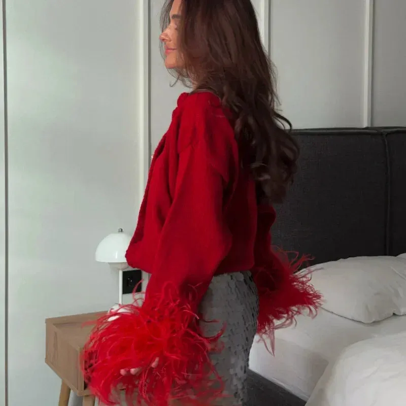 Chic Feather sleeves buttons red knit warm cardigan
