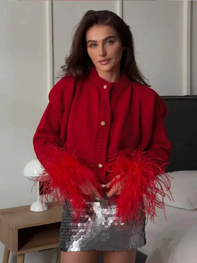 Chic Feather sleeves buttons red knit warm cardigan
