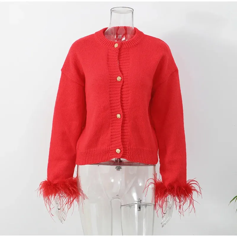 Chic Feather sleeves buttons red knit warm cardigan