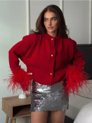 Chic Feather sleeves buttons red knit warm cardigan
