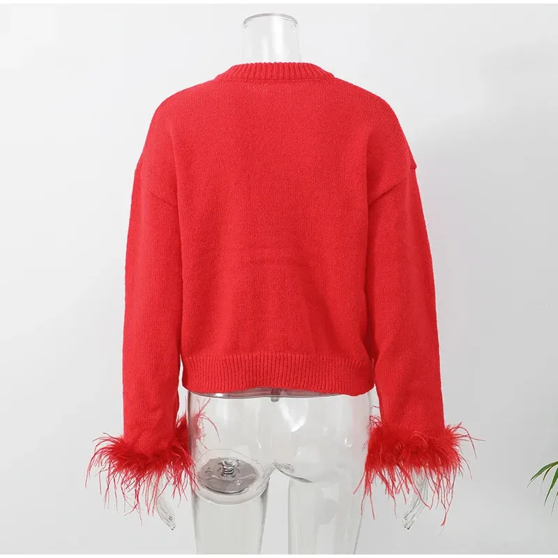 Chic Feather sleeves buttons red knit warm cardigan
