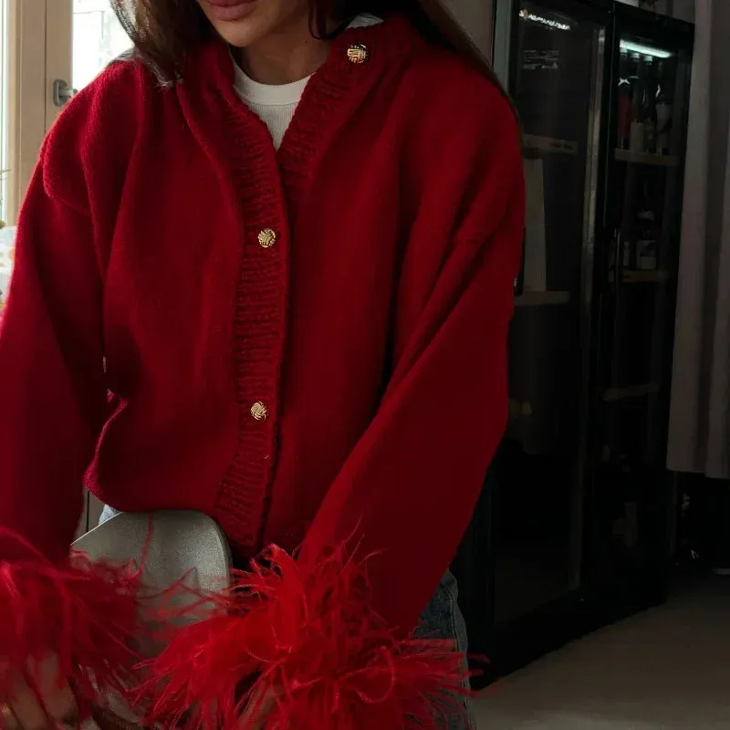 Chic Feather sleeves buttons red knit warm cardigan