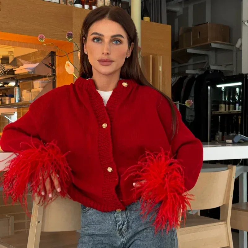 Chic Feather sleeves buttons red knit warm cardigan