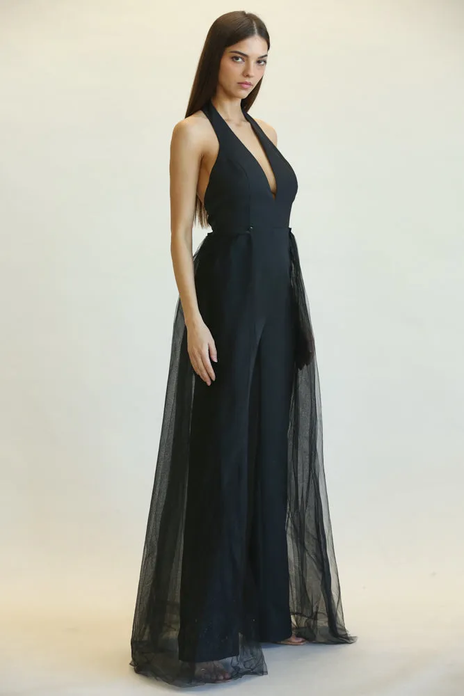 Chic Halter Neck Jumpsuit with Tulle Skirt Option