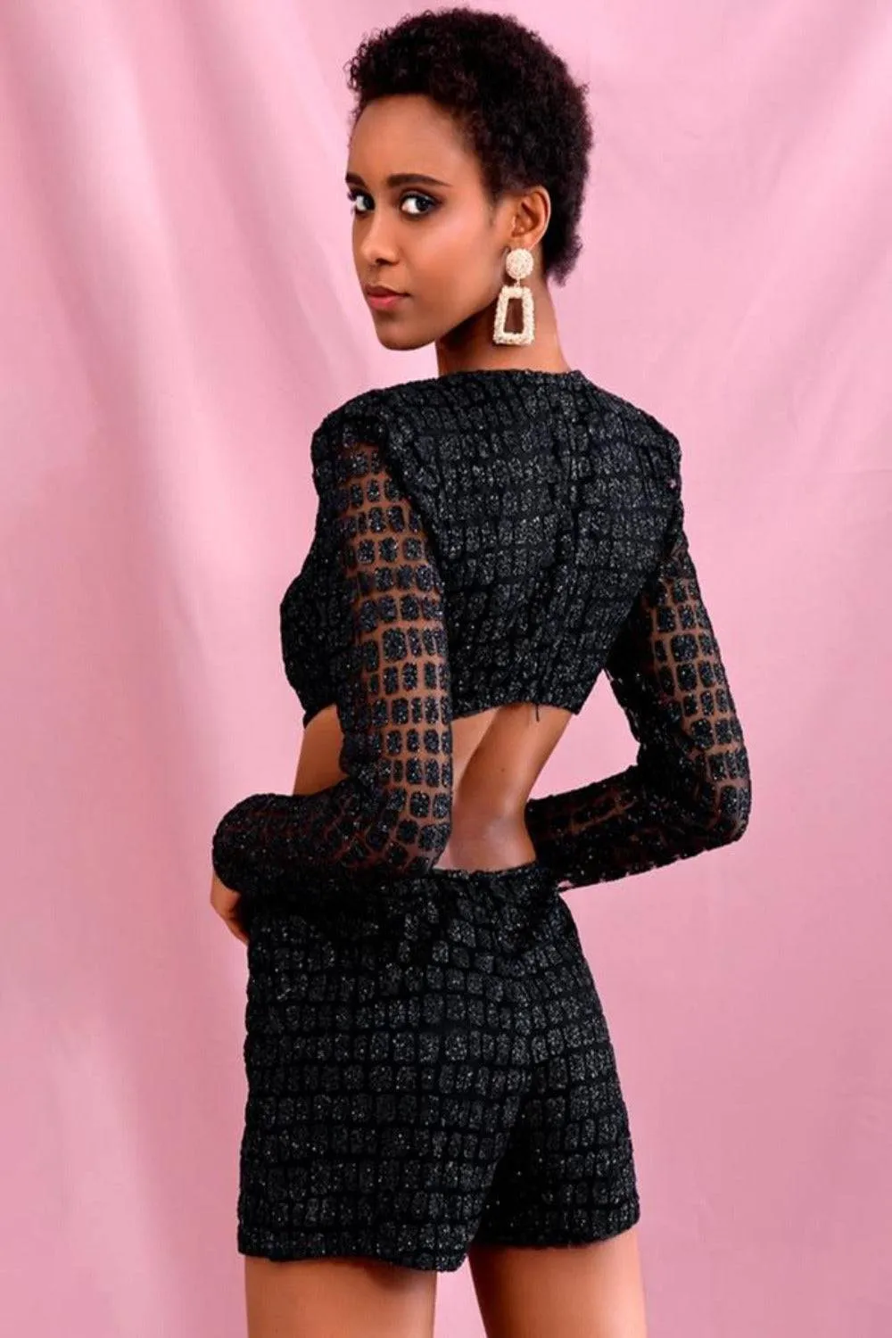 Cut Out Glitter Slim Fit Mini Dress - Black