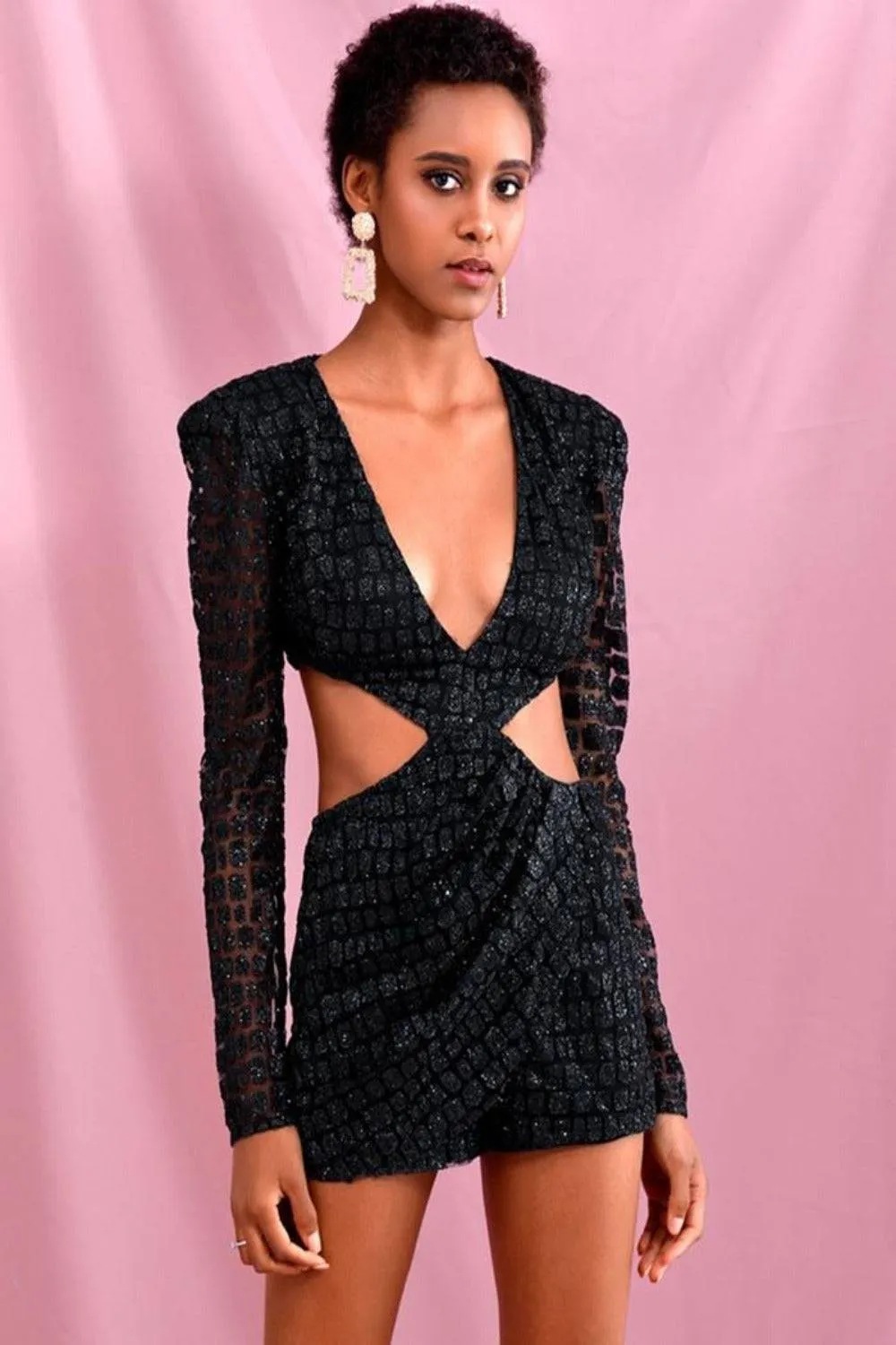Cut Out Glitter Slim Fit Mini Dress - Black