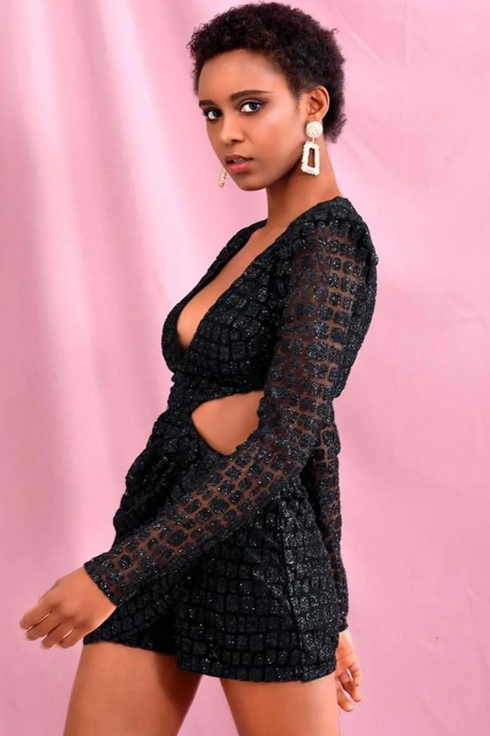 Cut Out Glitter Slim Fit Mini Dress - Black