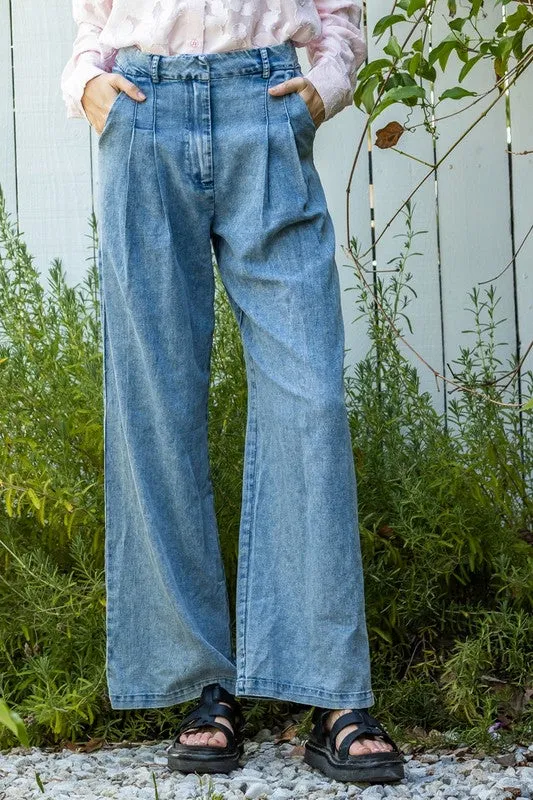 Denim Trouser Wide Leg Pants w/Pockets