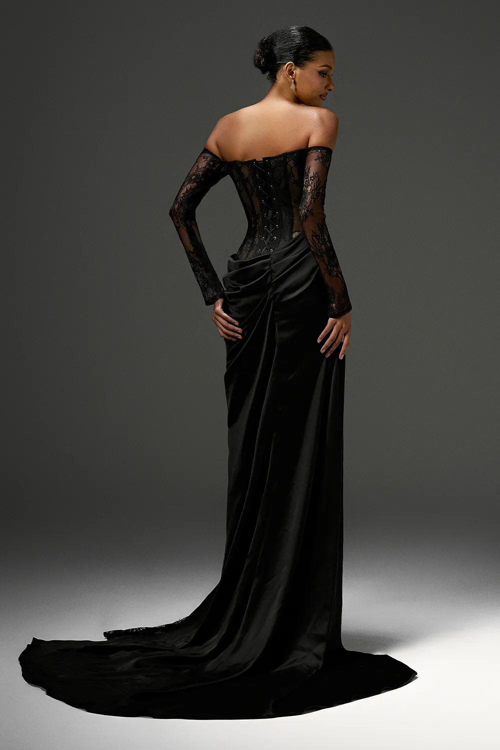 Enrique Mermaid Side Slit Satin Floor Length Dress
