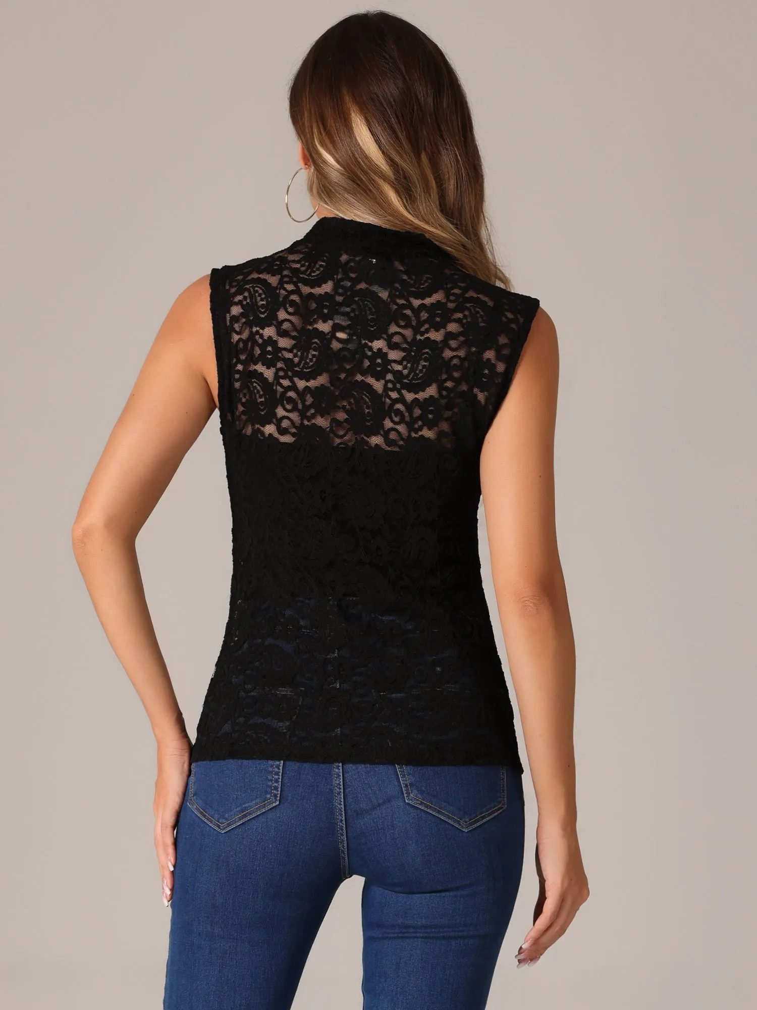 Floral Lace Mock Neck Sleeveless See Through Blouse