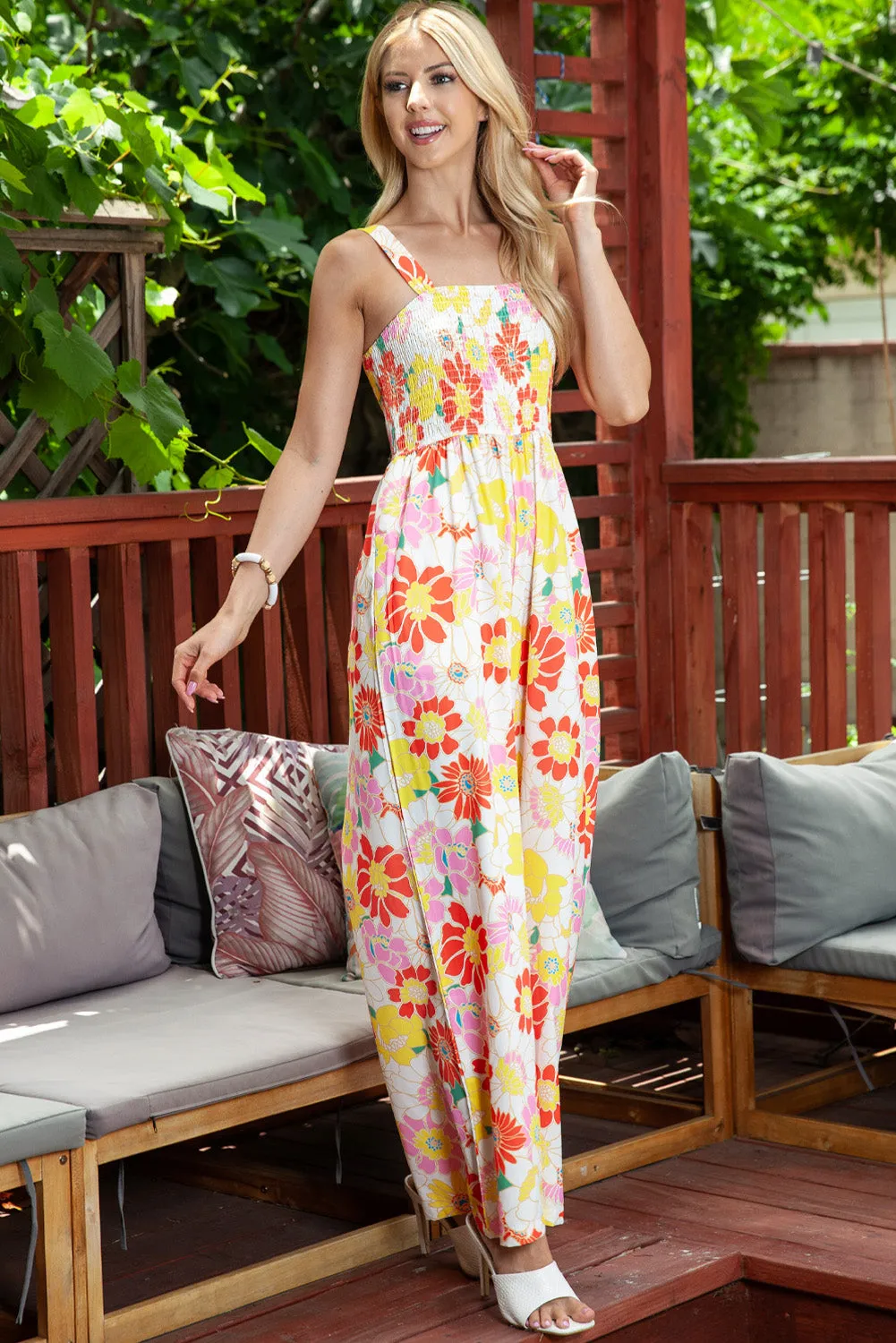 Floral Smocked Wide Leg Jumpsuit