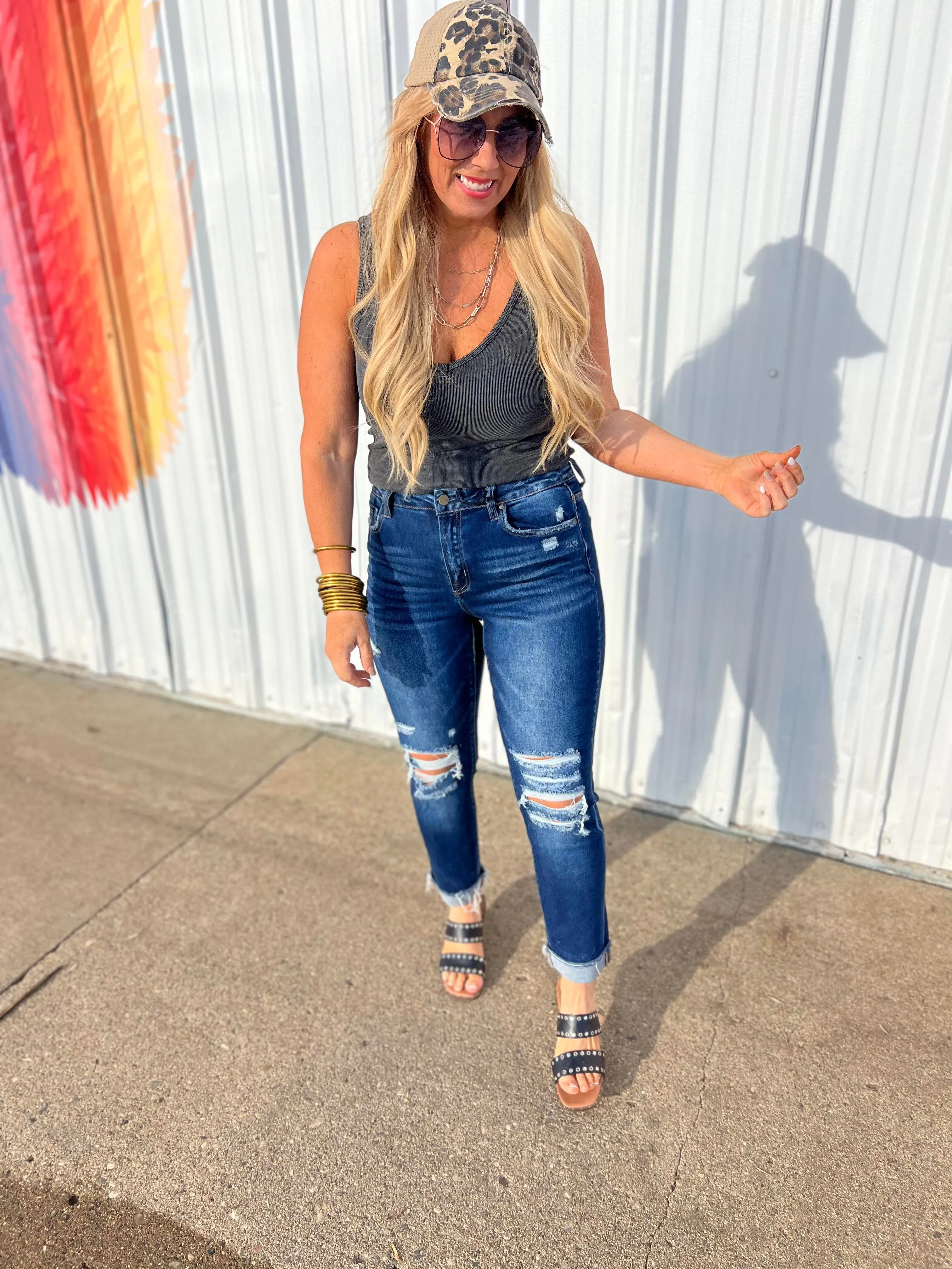 High Rise Boyfriend Crop w/ Cuff Denim Jeans - MICA